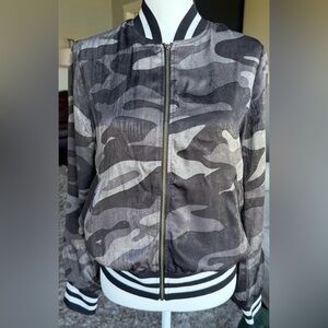 Peyton Jensen SMALL Black and Gray Camouflage Bomber Jacket With Stripe Trim